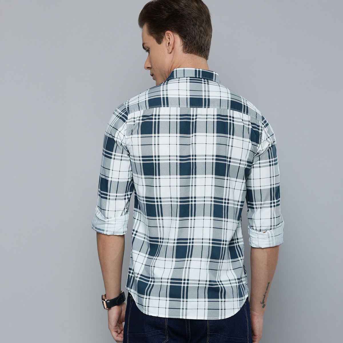 The Indian Garage Co Men's Slim Fit Checked Casual Shirt | White - S