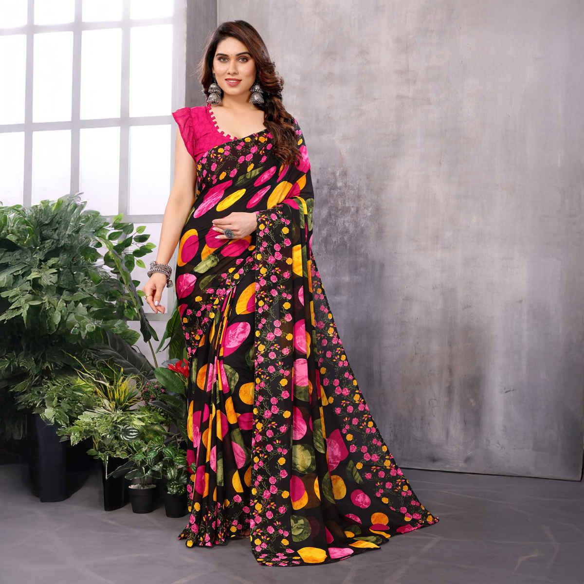 TTH Saree Women's Bollywood Georgette Saree | Black Coin Pink