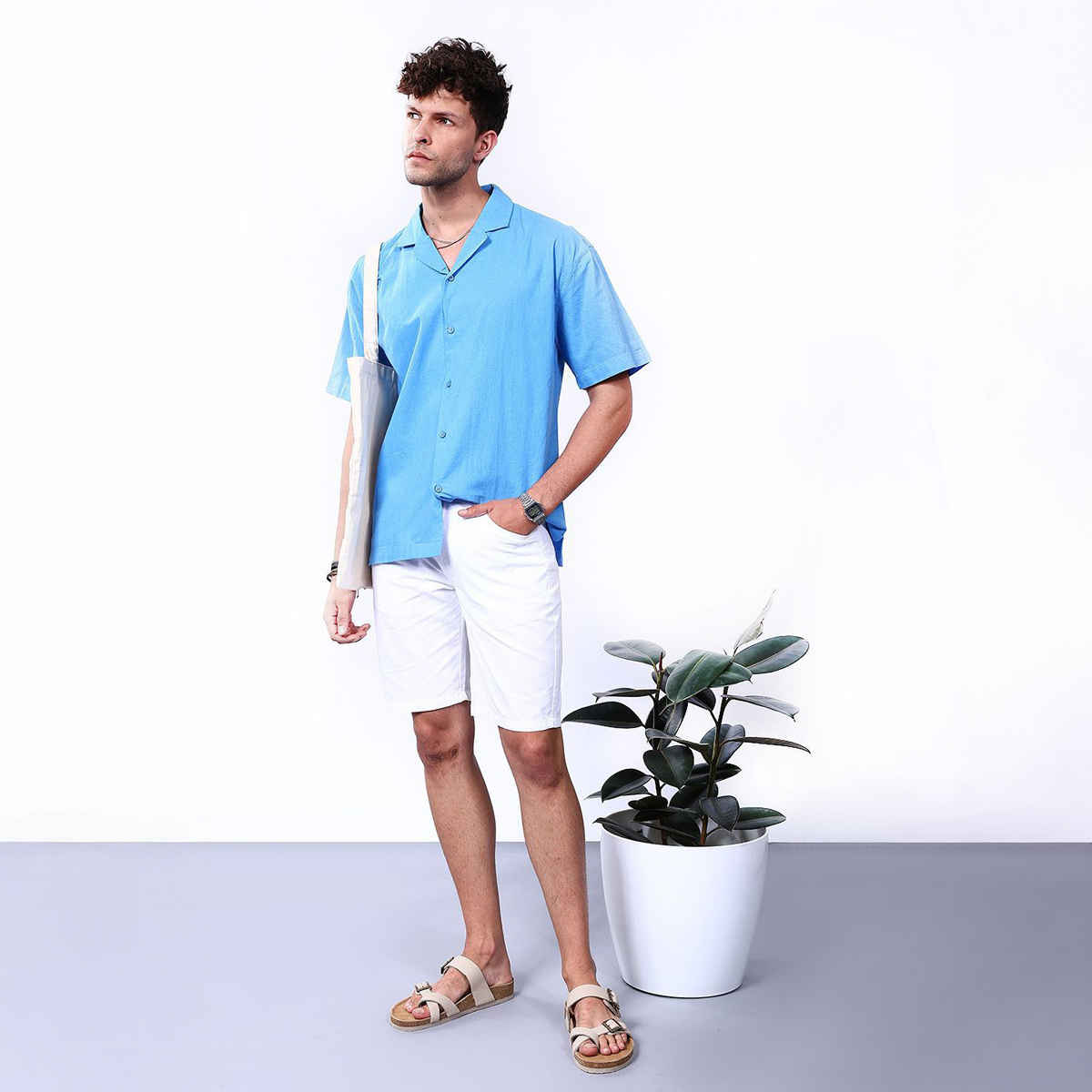 The Indian Garage Co Men's Relaxed Fit Solid Resort Wear Half Sleeve Shirt | Tranquil Blue - S