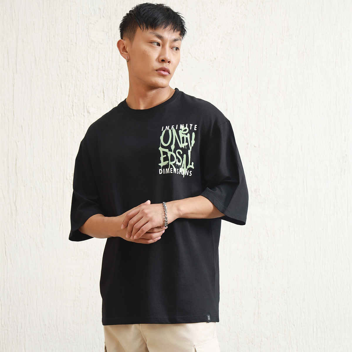 Hubberholme Men's Graphic Printed Drop Shoulder Relaxed Fit T-shirt | Black - XL