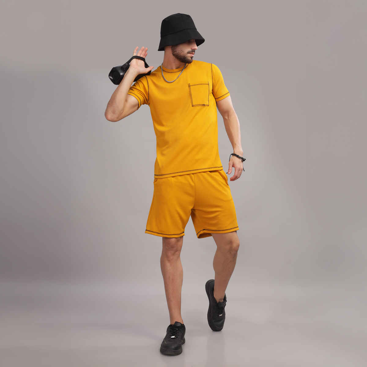 FTX Men's Structured Fabric Solid Regular Fit Co-ord Set T-shirt & Shorts | Mustard - S
