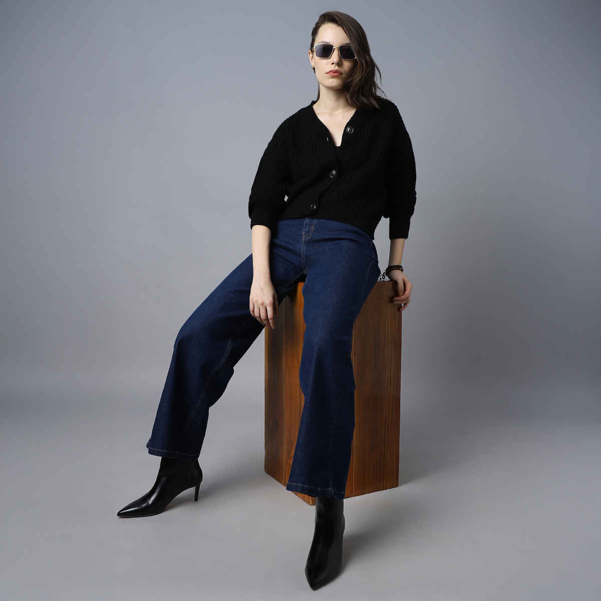 High Star Women's Ribbed Acrylic Cardigan | Black - XL