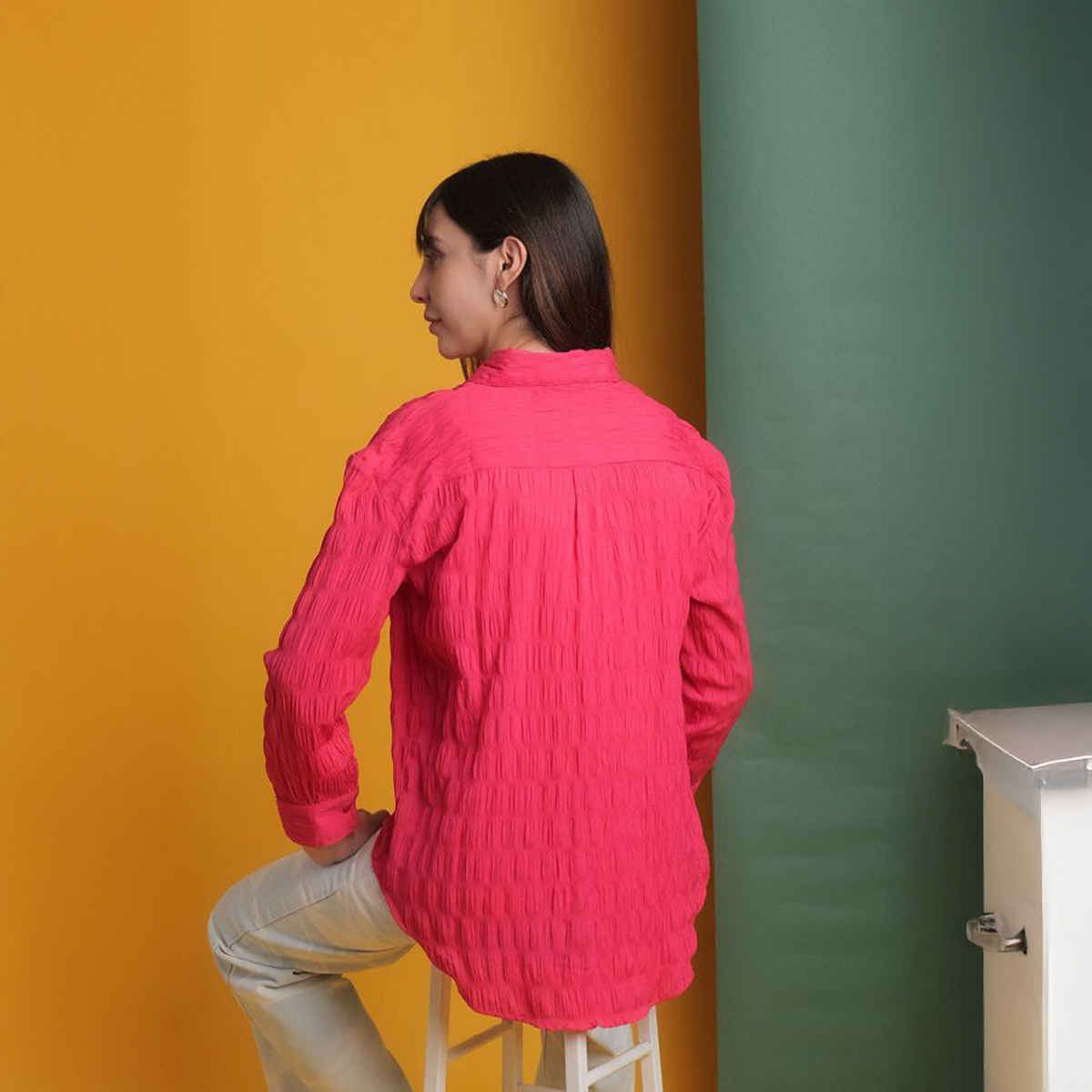 Freehand Women's Oversized Fit Solid Casual Collared Neck Shirt | Pink - M