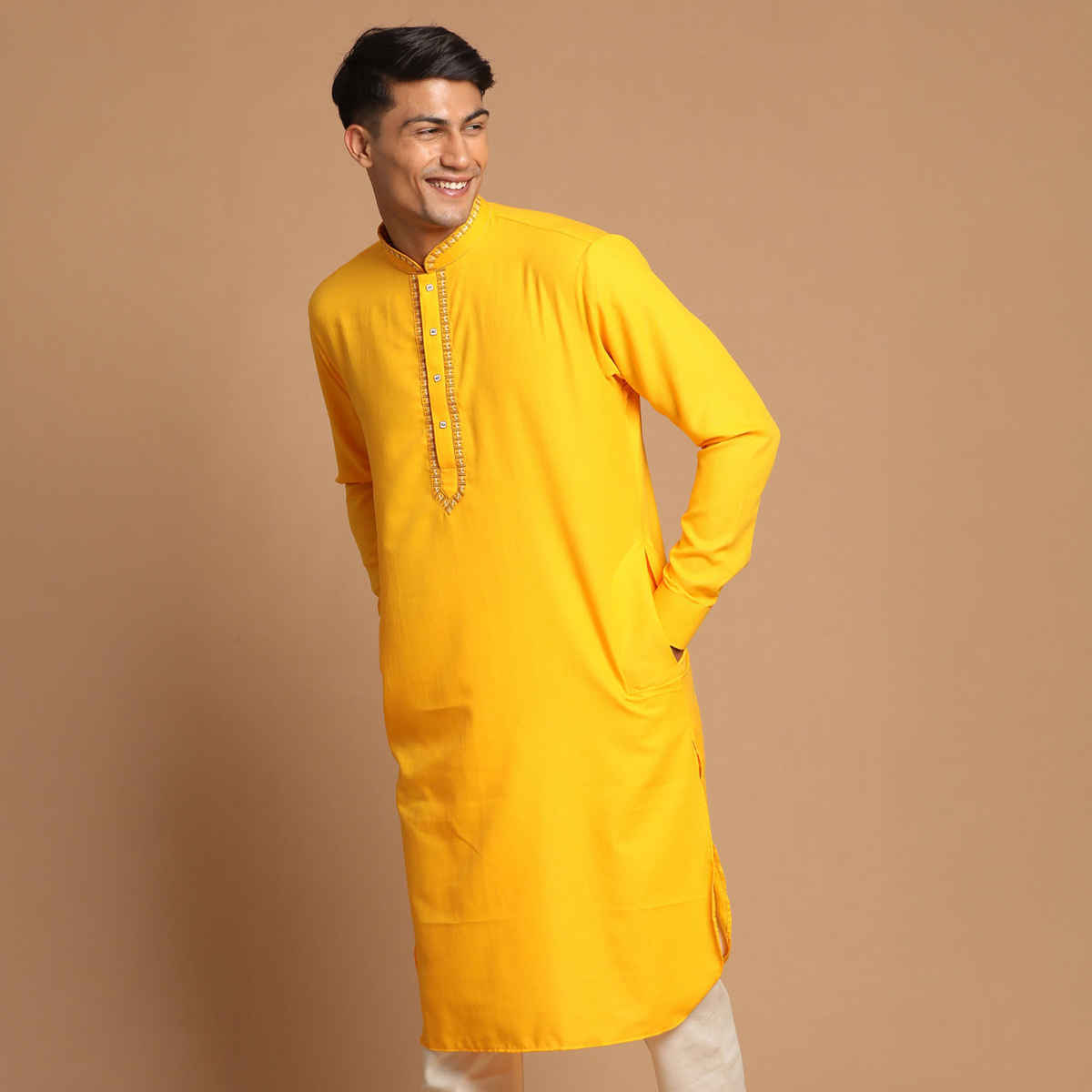 Vastramay Men's Cotton Blend Kurta for Eid | Yellow - L