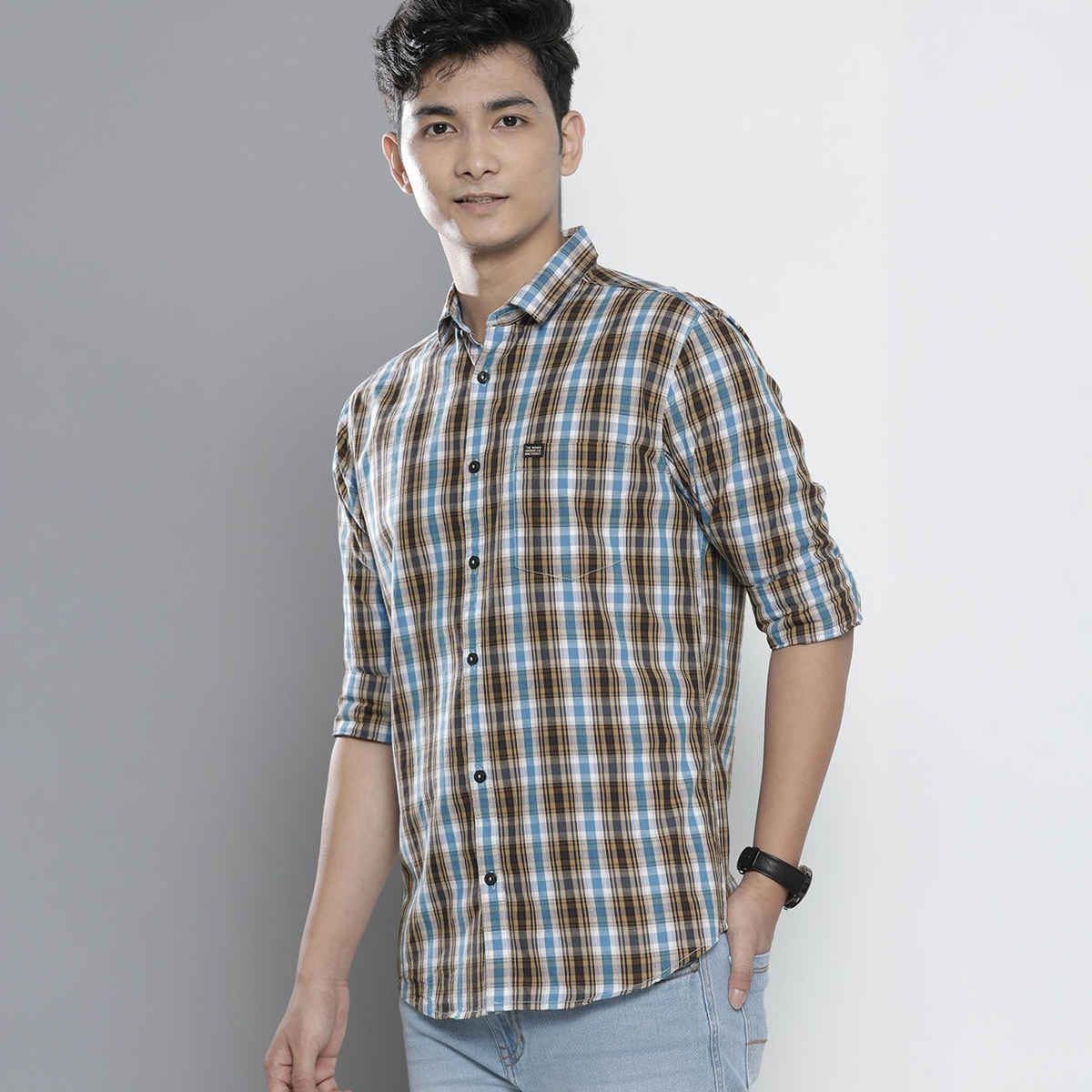 The Indian Garage Co Men's Slim Fit Checked Casual Shirt | Blue - XL