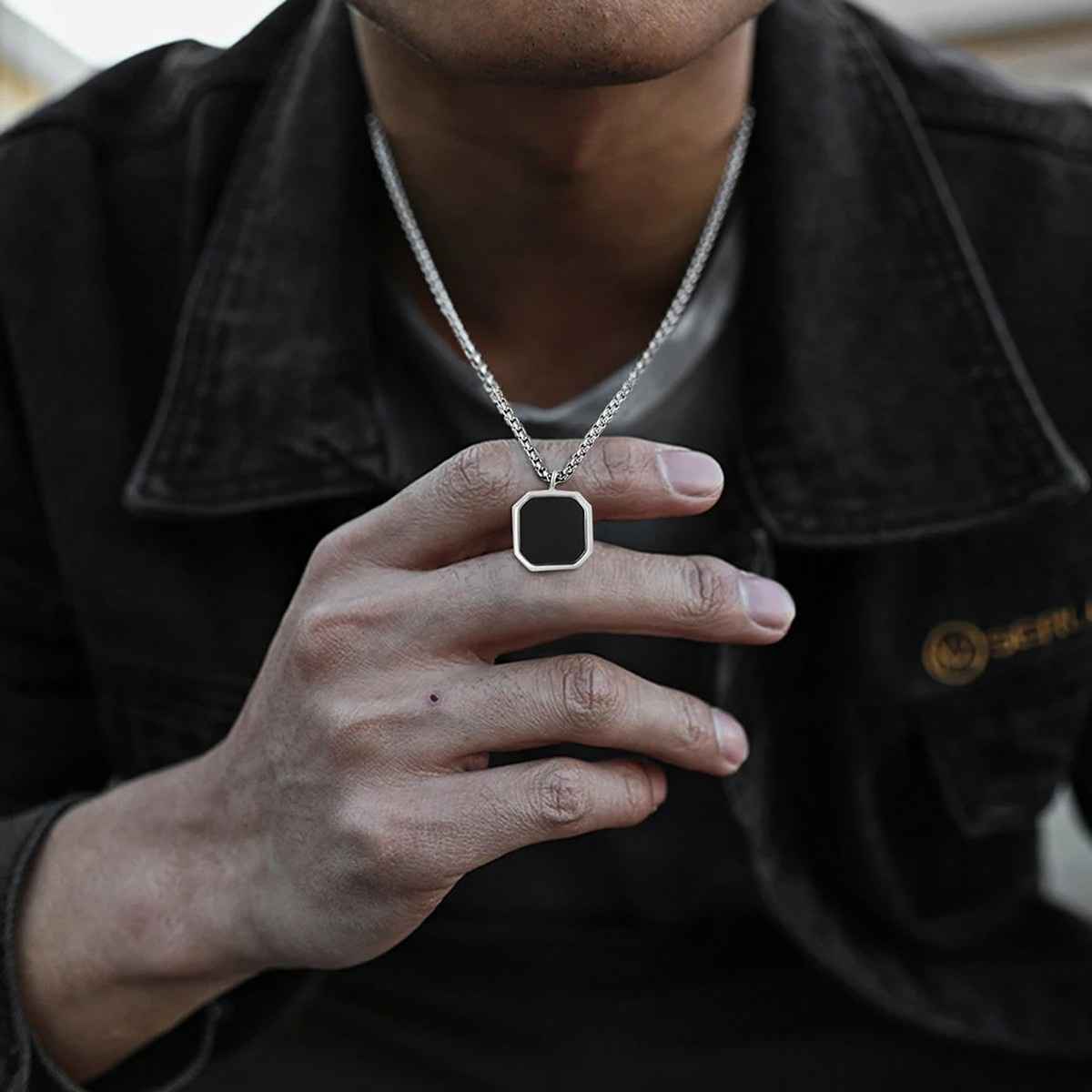 Fashion Frill Men Square Shaped Pendant Chain Silver Onesize
