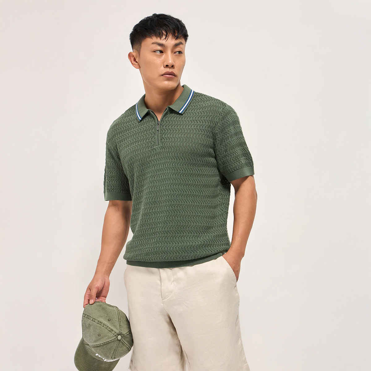 The Bear House Men's Textured Knit Design Regular Fit Polo with Zipper Placket | Green - XL