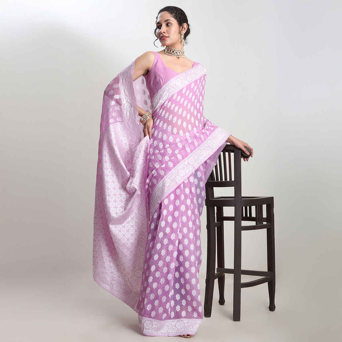 Janasya Women's Silk Blend Floral Woven Design Jacquard Saree with Blouse Piece | SAR631 | Lavender