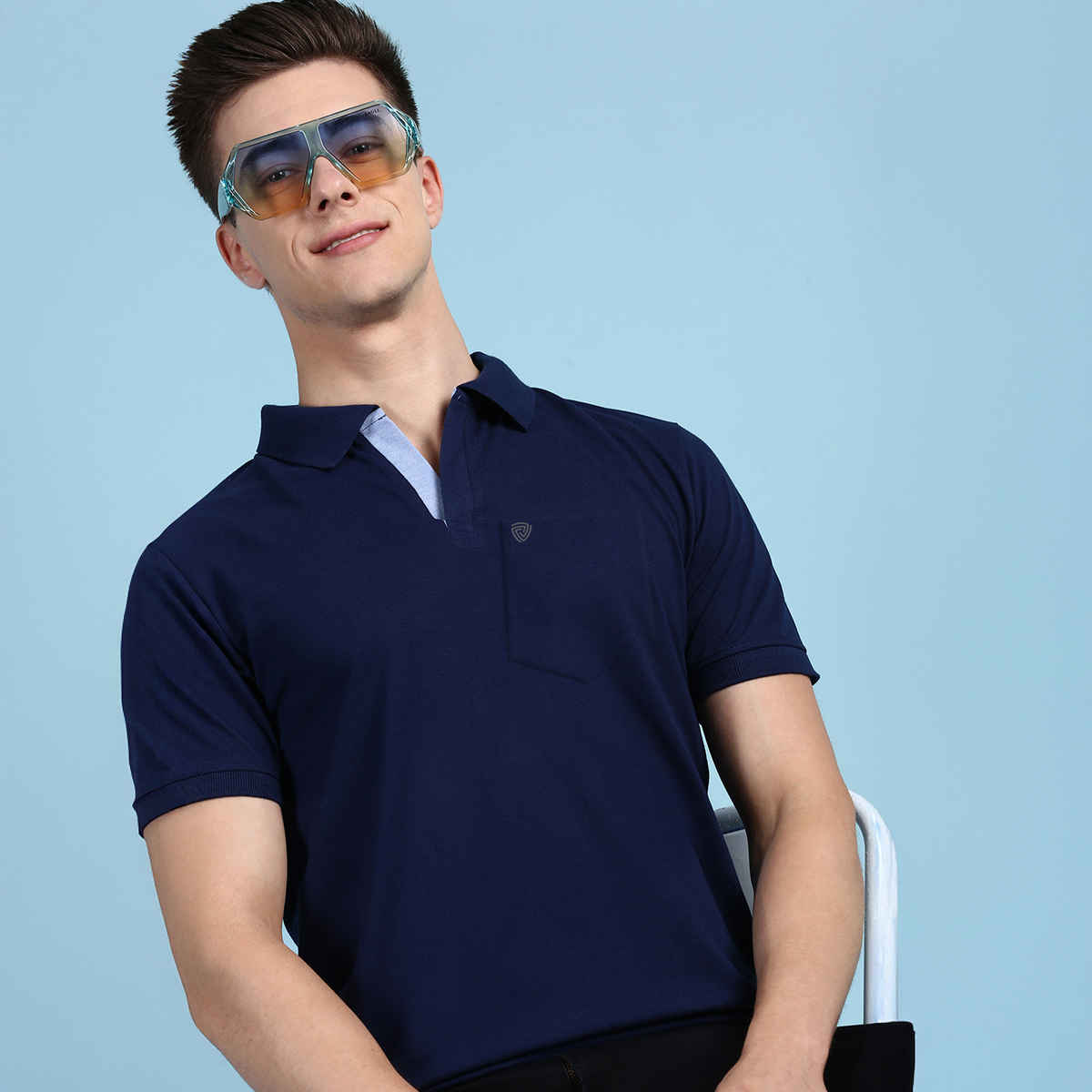 Lux Cozi Men's Solid Cotton Polo T-shirt with Pocket | Ink Blue - M