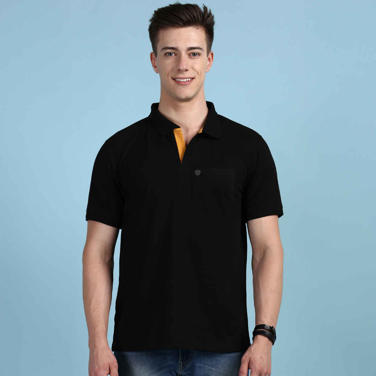 Lux Cozi Men's Solid Cotton Polo T-shirt with Pocket | Black - L
