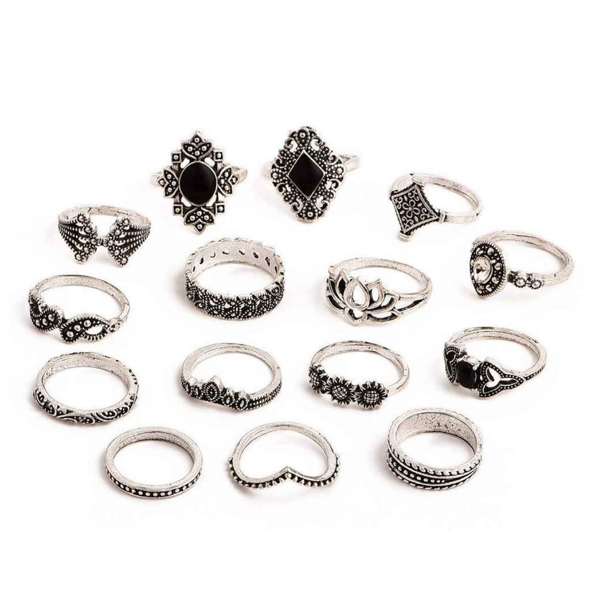 YouBella Oxidised Combo of 15 Boho Silver Plated Rings for Girls and Women (Silver)