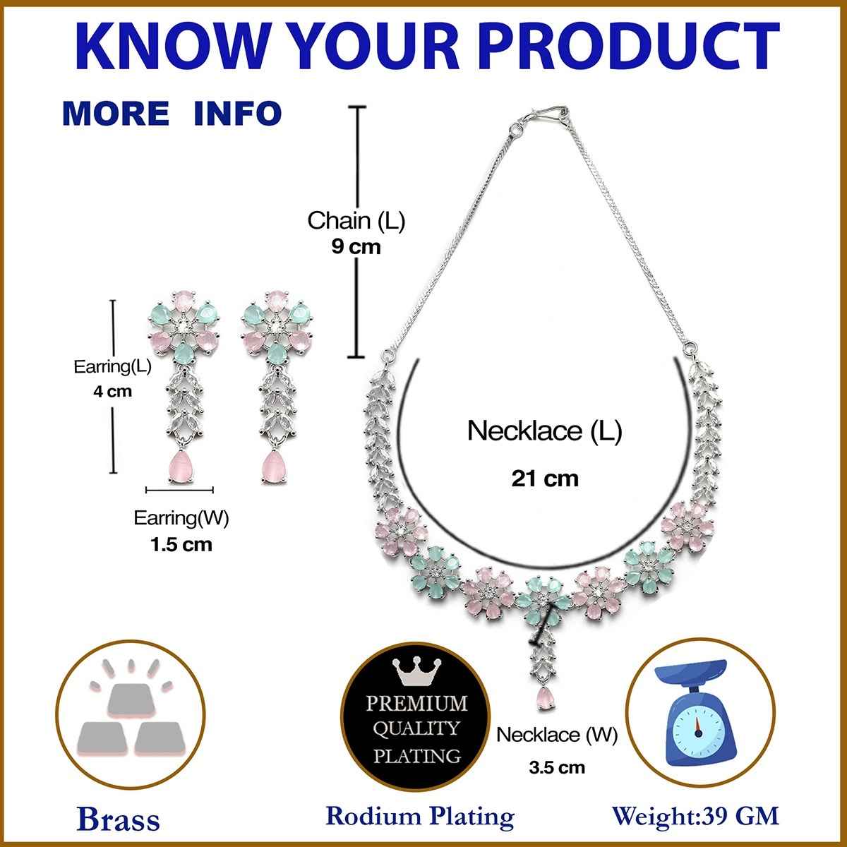 Zeneme Rhodium-Plated Pink & Green American Diamond Necklace Earrings Jewellery Set for Women