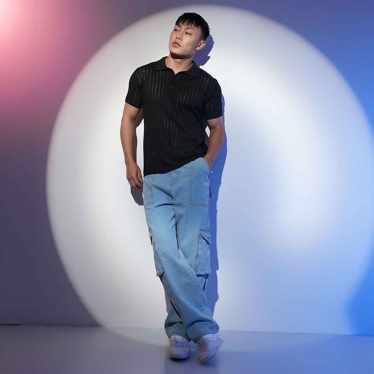 Campus Sutra Men's Stripe-Textured Polo T-shirt | Black - S