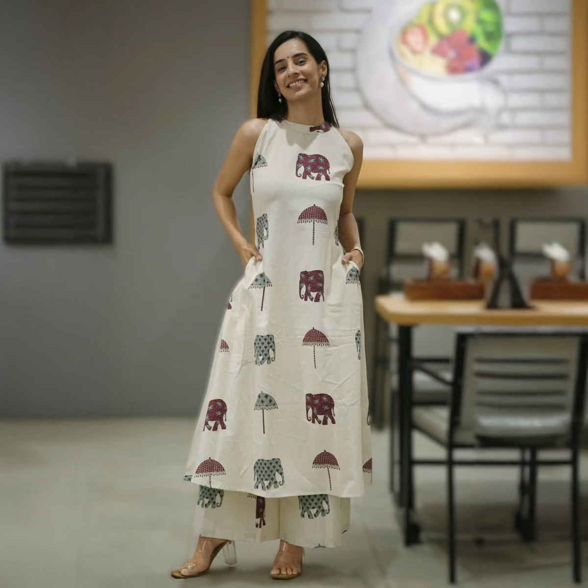 GoSriKi Women's Viscose Rayon Anarkali Printed Kurta with Palazzo | SURAI | White - XL