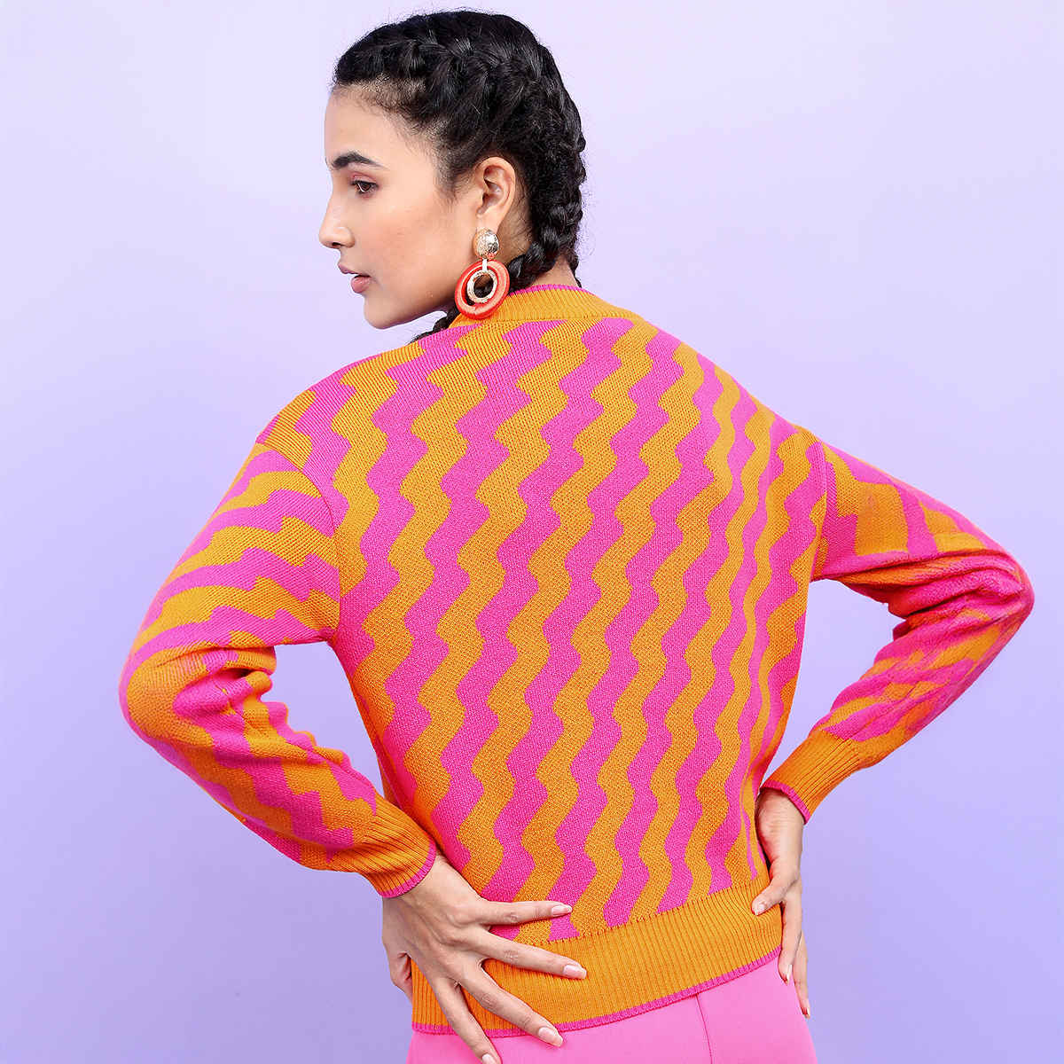 Tokyo Talkies Women's Jacquard Pullover Sweater | Orange & Pink - S