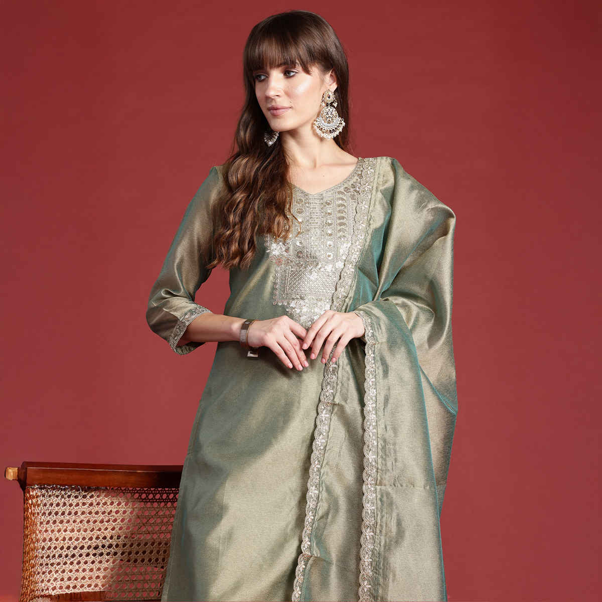 INDO ERA Women's Embroidered Straight Kurta Trousers with Dupatta Set | Green - L