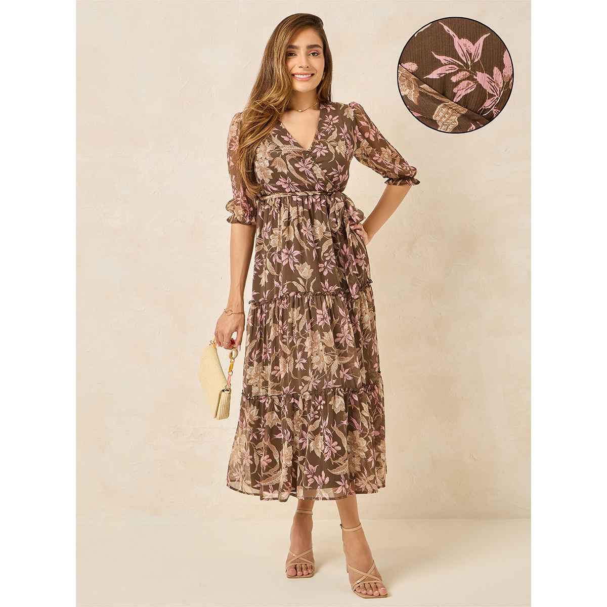 Styli Women's Wrap Maxi Dress with Frill Detail | Brown - XXL