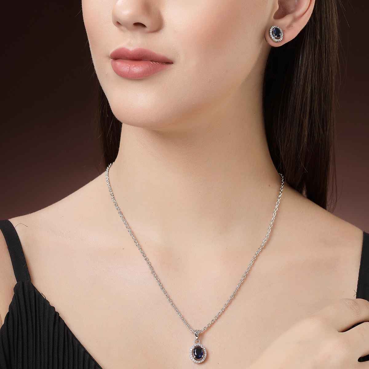 Zeneme Rhodium Plated American Diamond Studded Necklace and Earrings For Women & Girls