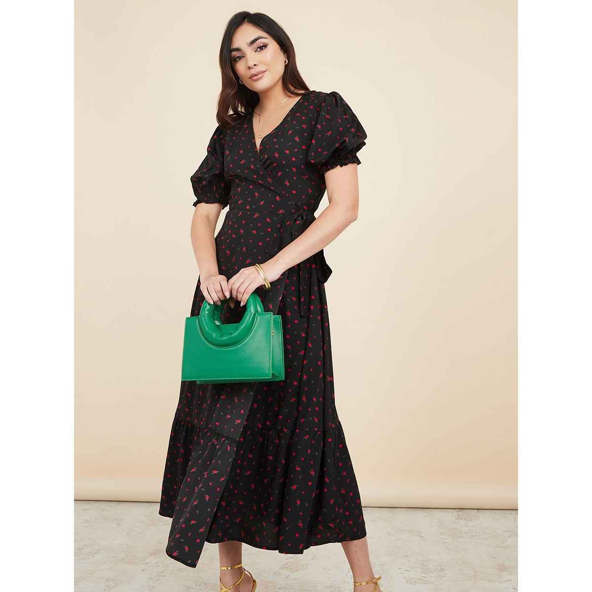 Styli Women's Wrap Midi Dress with Floral Print and Short Sleeves | Black - XXL
