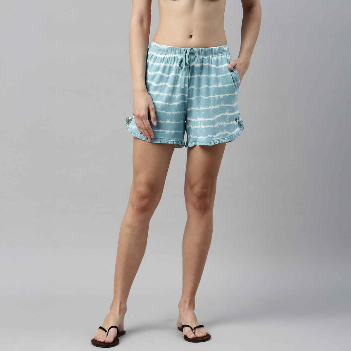 Enamor Essentials EC14 Women s Viscose Printed Ruffled Trim Tee And Shorts Set | Bali Green | S