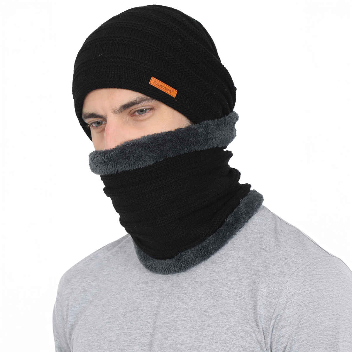 Fabseasons Unisex Solid Acrylic Wool Beanie and Muffler | Black - Free Size