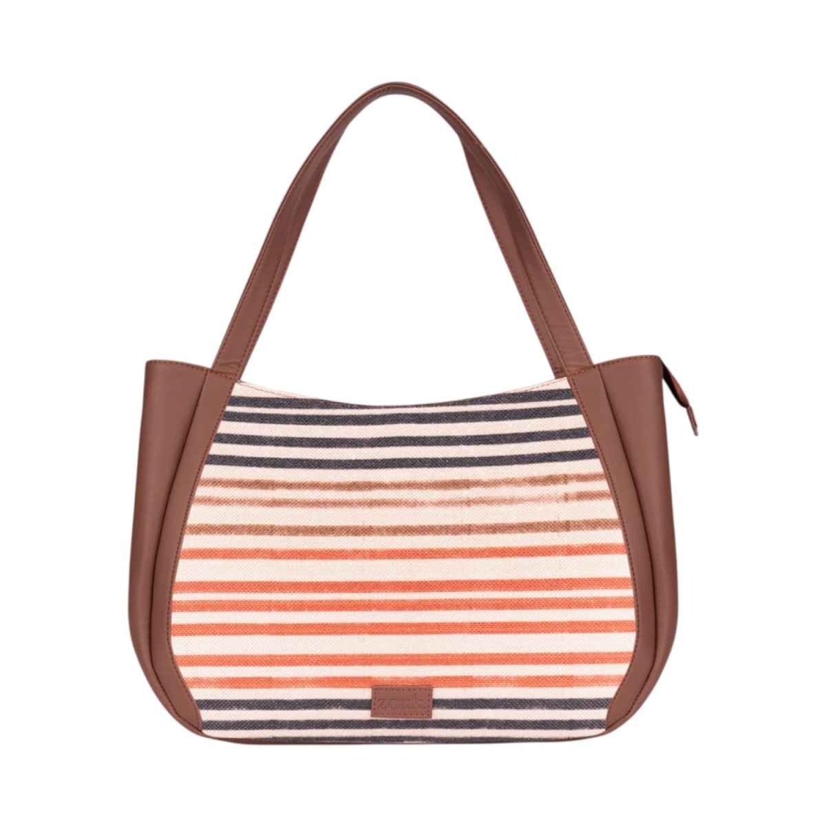 Zouk Women's Striped Vegan Leather 13.6 L Double Strap Handbag | Brown - Free Size