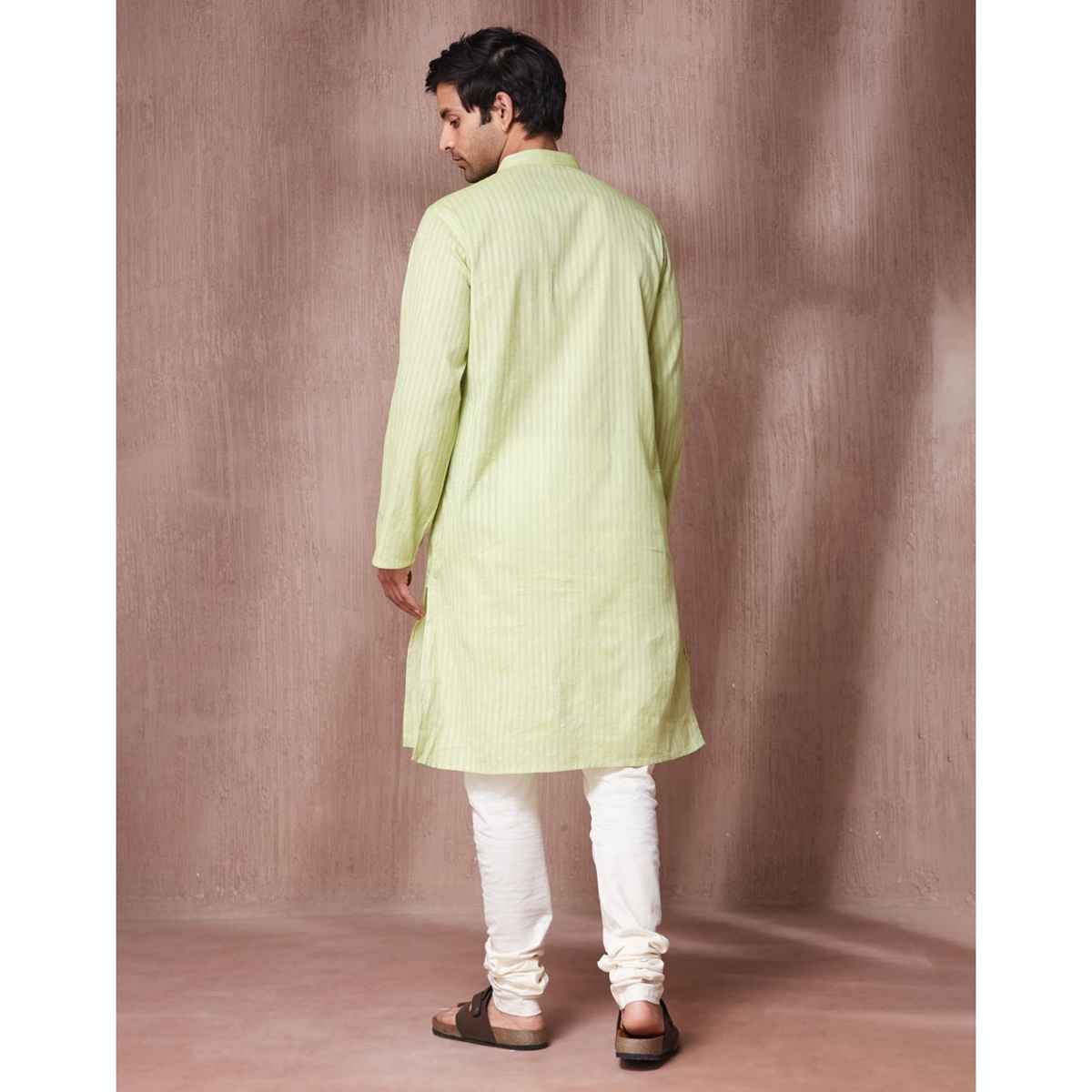 Fabindia Men's Long Kurta Slim Fit Dobby | Light Green - S