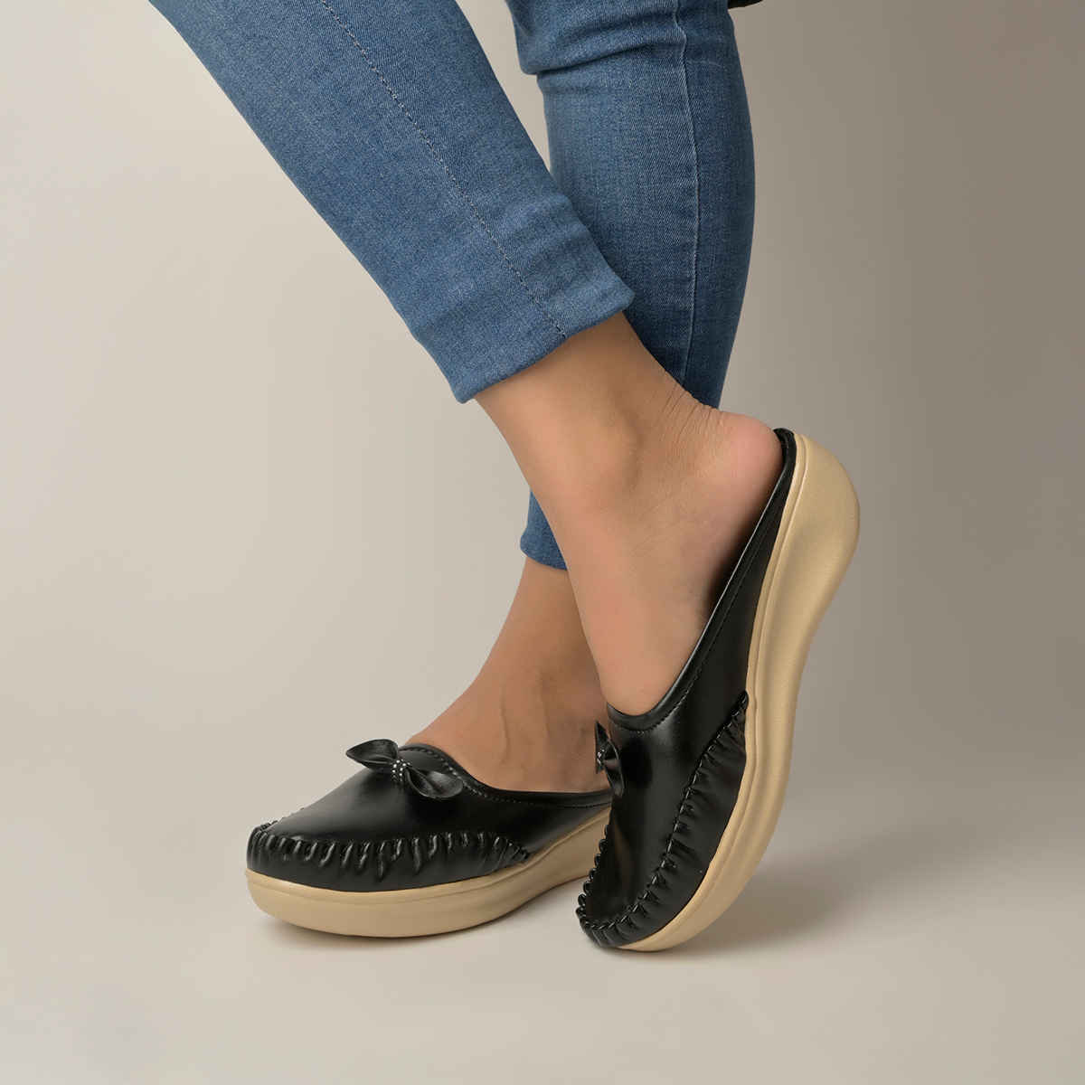 Shoetopia Upper Bow Detailed Black Slip-On Loafers For Women | UK 9