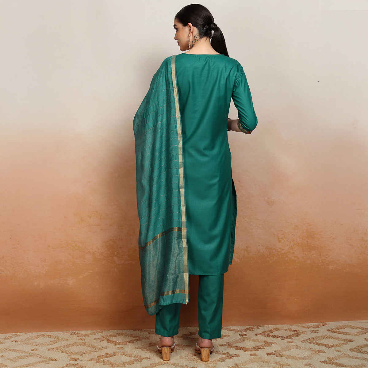 Vishudh Women's Embroidered Straight Kurta With Pants And Dupatta | PVK3000011 | Green - L