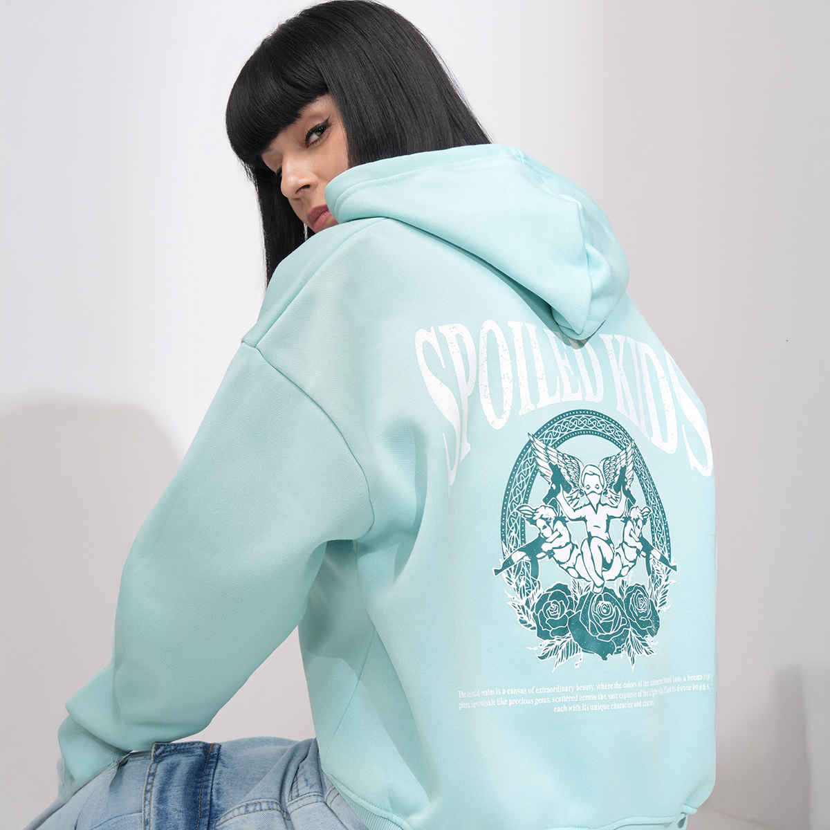Tokyo Talkies Women's Graphic Printed Oversized Hooded Pullover Sweatshirt | Aqua - S