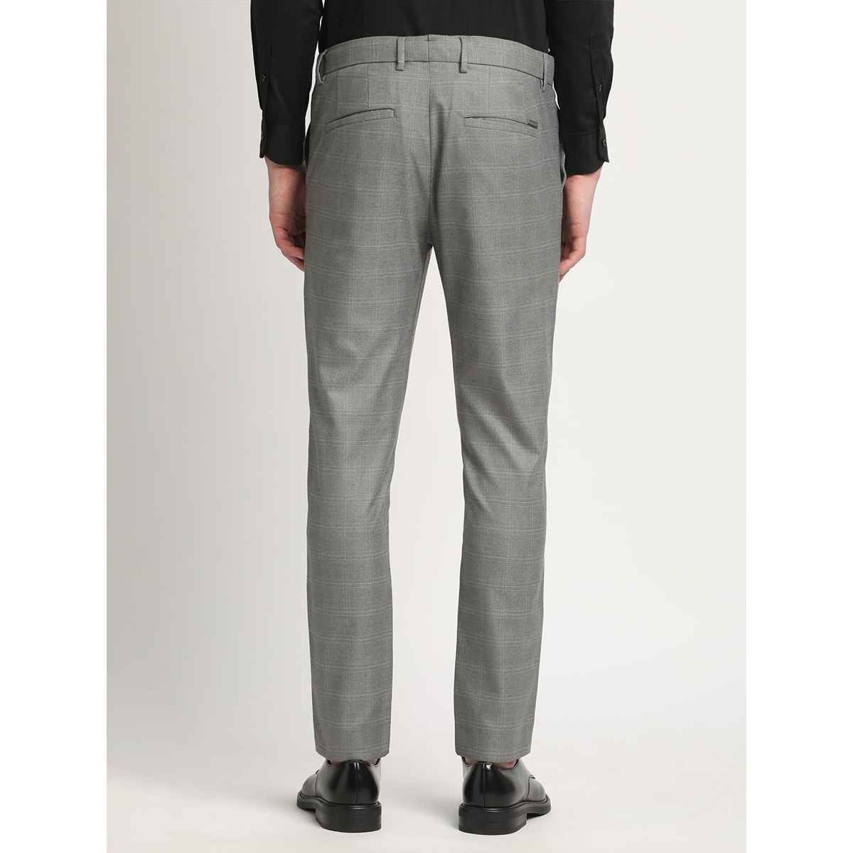 The Bear House Men Slim Fit Checked Polyester Blend Formal Trouser - Caneel | Grey | 32