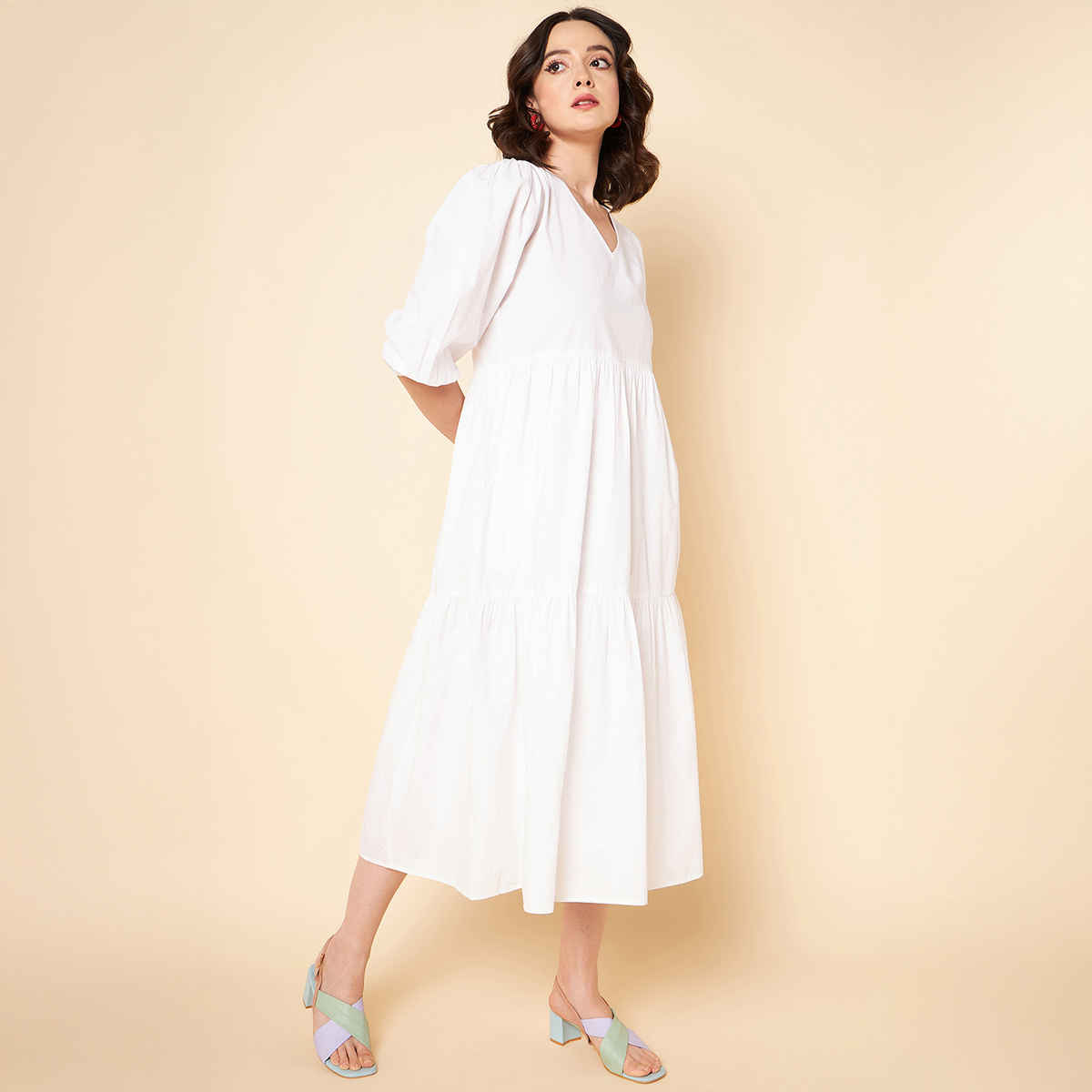High Star Women's Puff Sleeves Tiered Pure Cotton Fit & Flare Midi Dress | White - XL