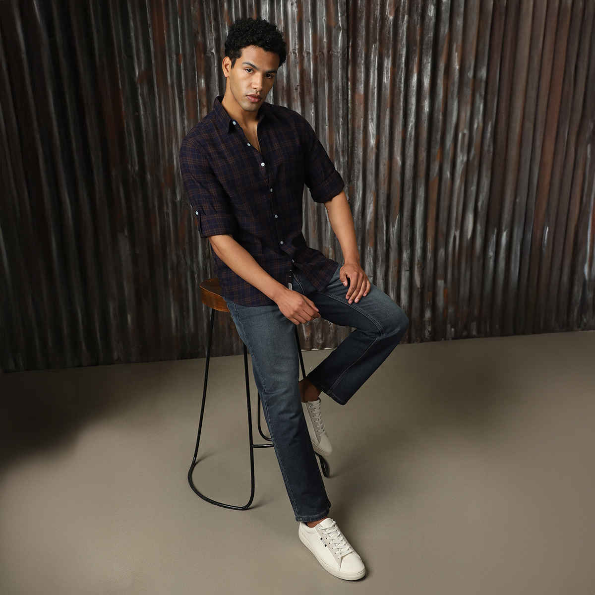 High Star Men's Spread Collar Tartan Checked Cotton Casual Shirt | Navy - 40