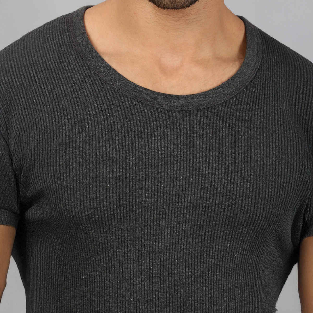 Lux Cozi Men's Heatek Thermal Comfort, Stretchable & Super Warm Round Neck Top | Black Melange-90