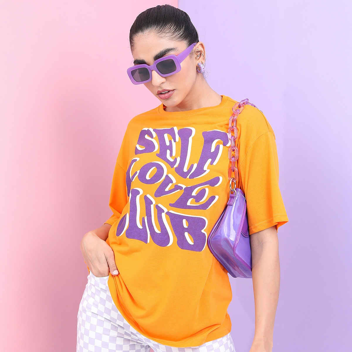 Tokyo Talkies Women's Typography Printed Oversized T-shirt | Yellow - XL