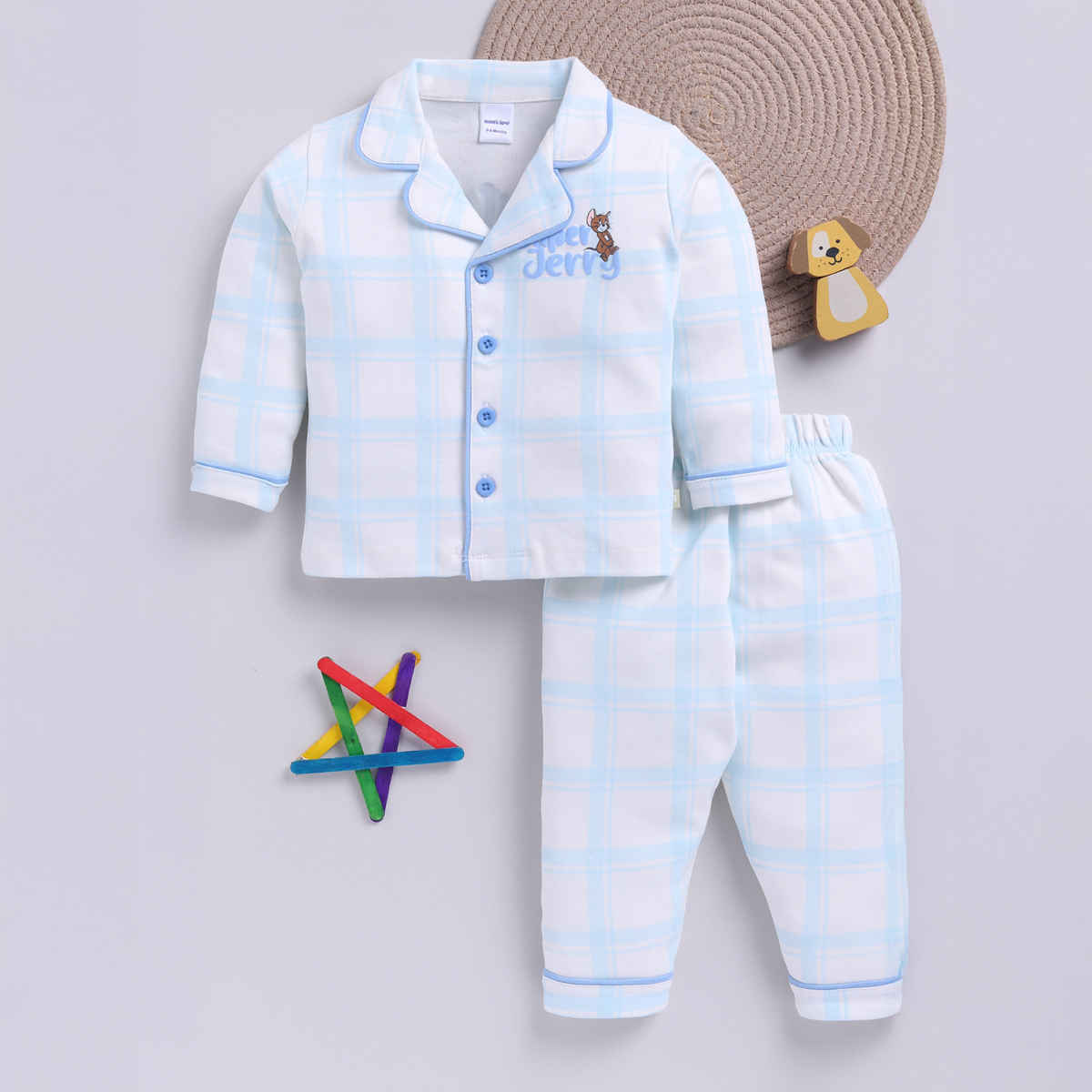 Mom's Love Boys' Printed Cotton Night suits | M.Blue | 03 - 06 months