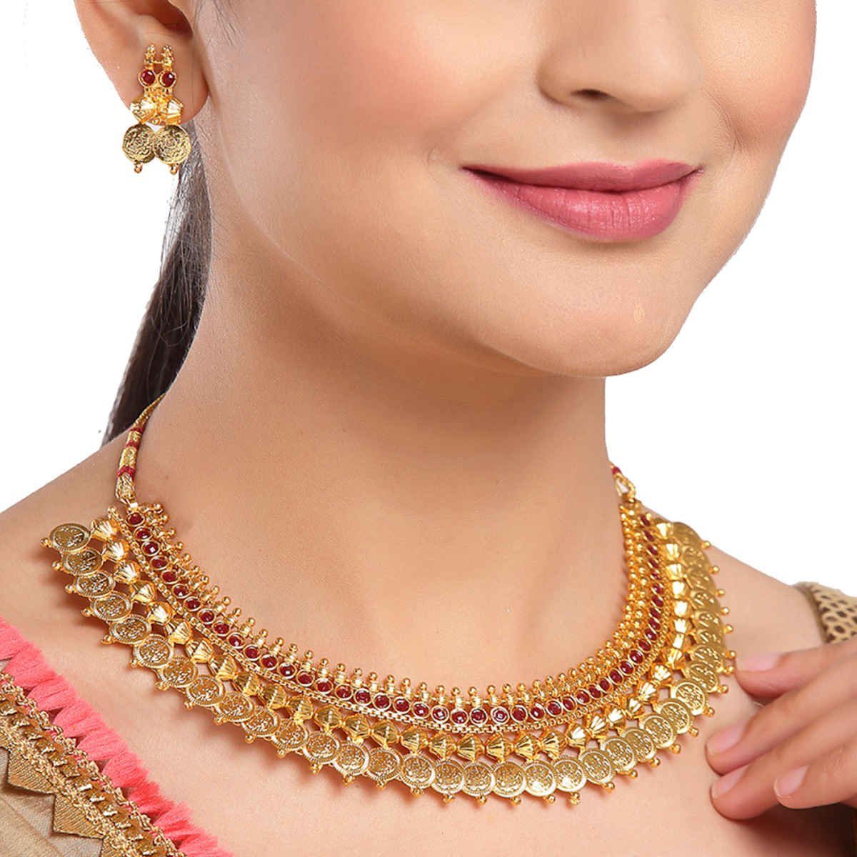 Zeneme Women's Gold-Plated South Indian Red Lakshmi Kasu Coin Temple Necklace