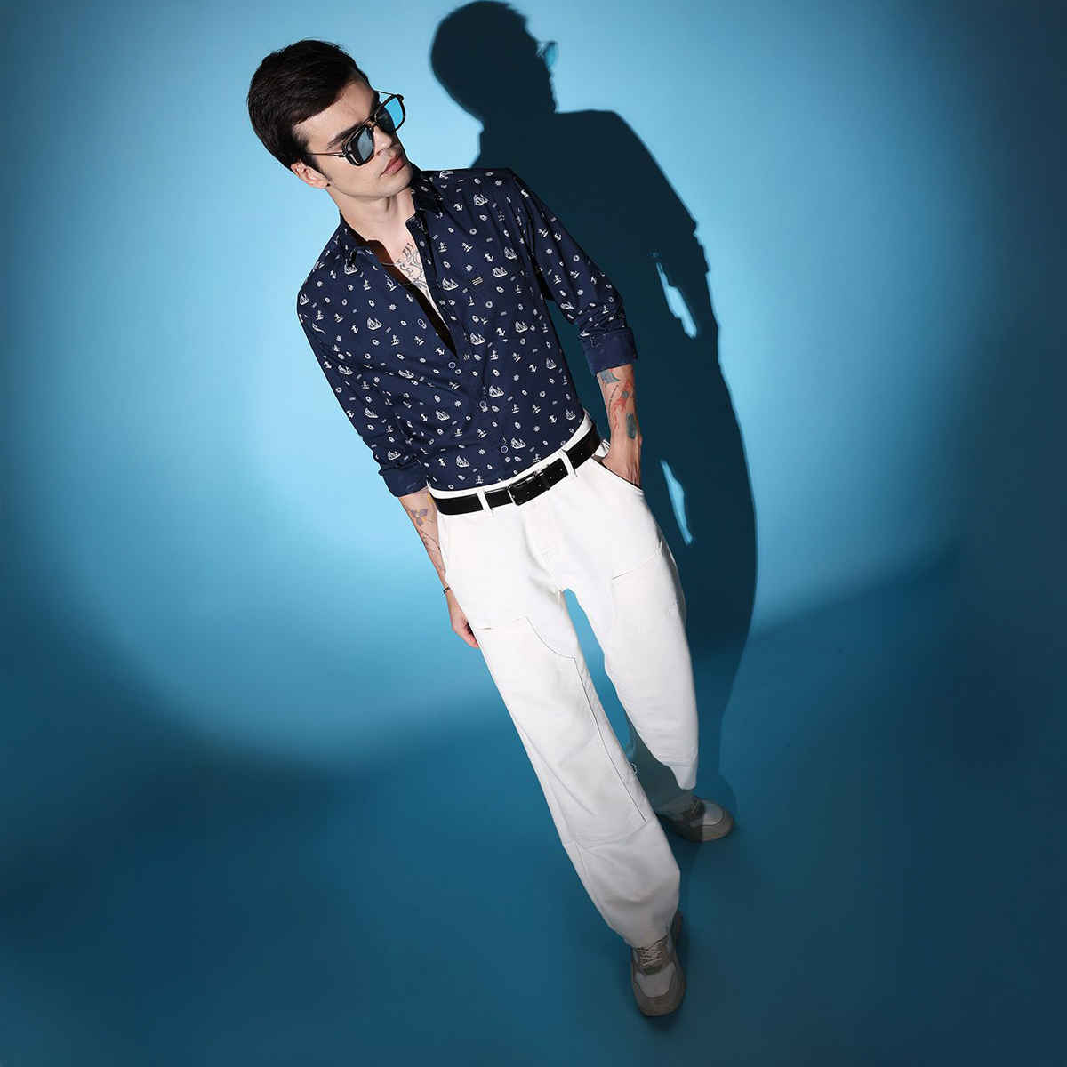 The Indian Garage Co Men's Slim Fit Conversational Print Casual Shirt | Navy Blue - 2XL