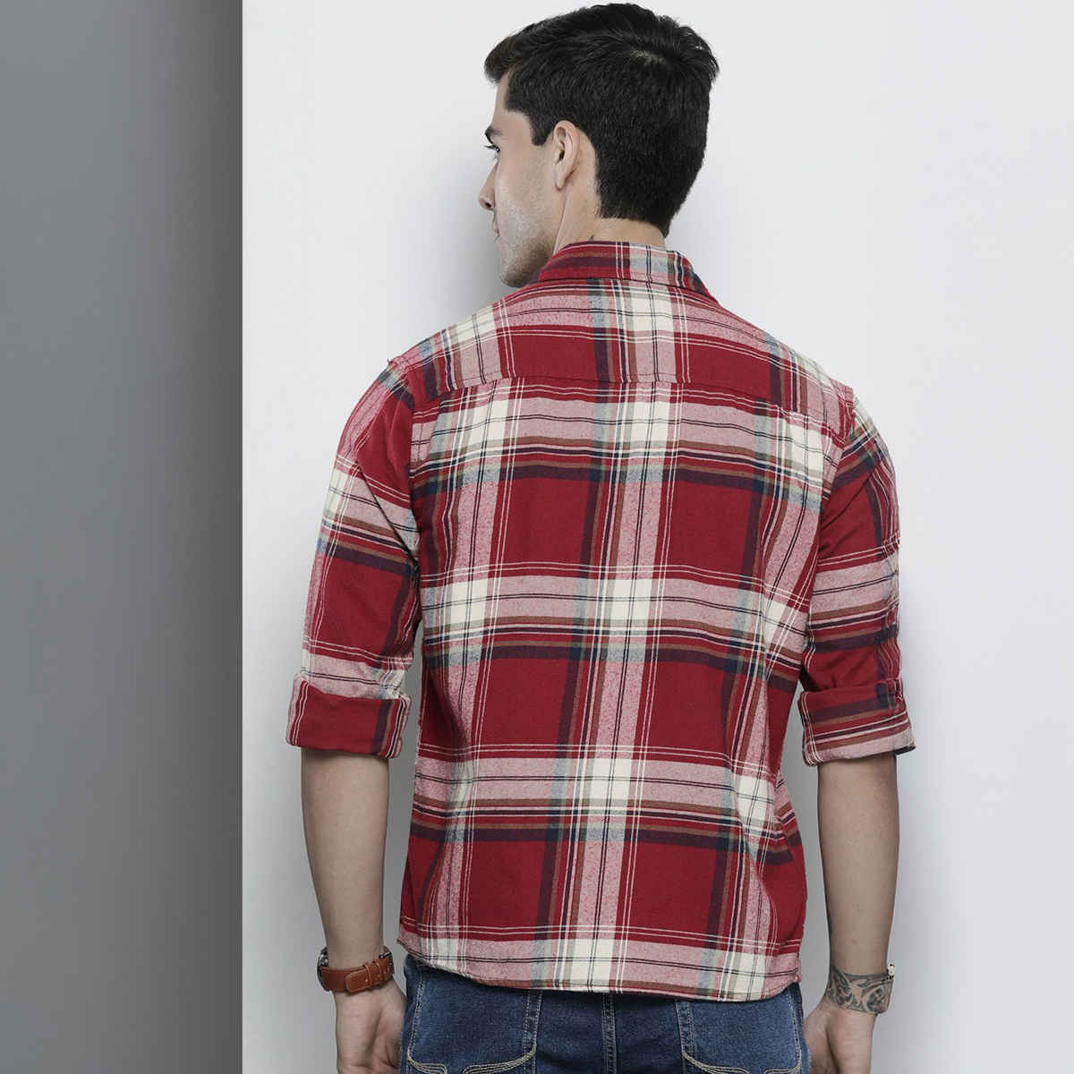The Indian Garage Co Men's Regular Fit Checkered Casual Shirt | Maroon - XL
