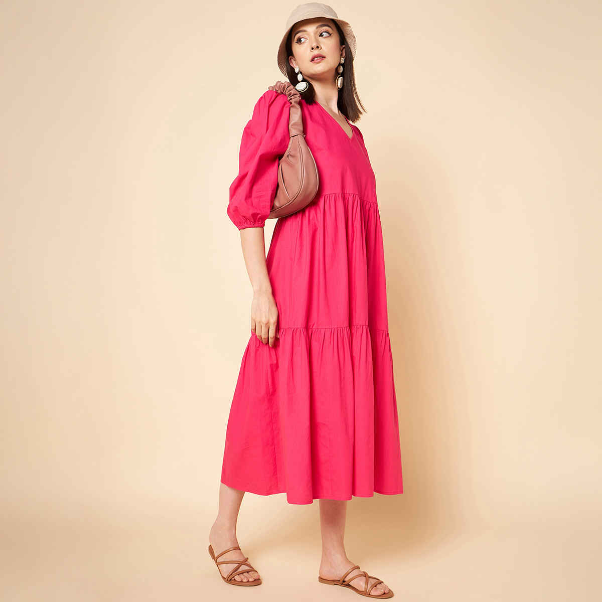 High Star Women Pink V-Neck Puff Sleeve Fit & Flare Midi Dress (Size-XL)
