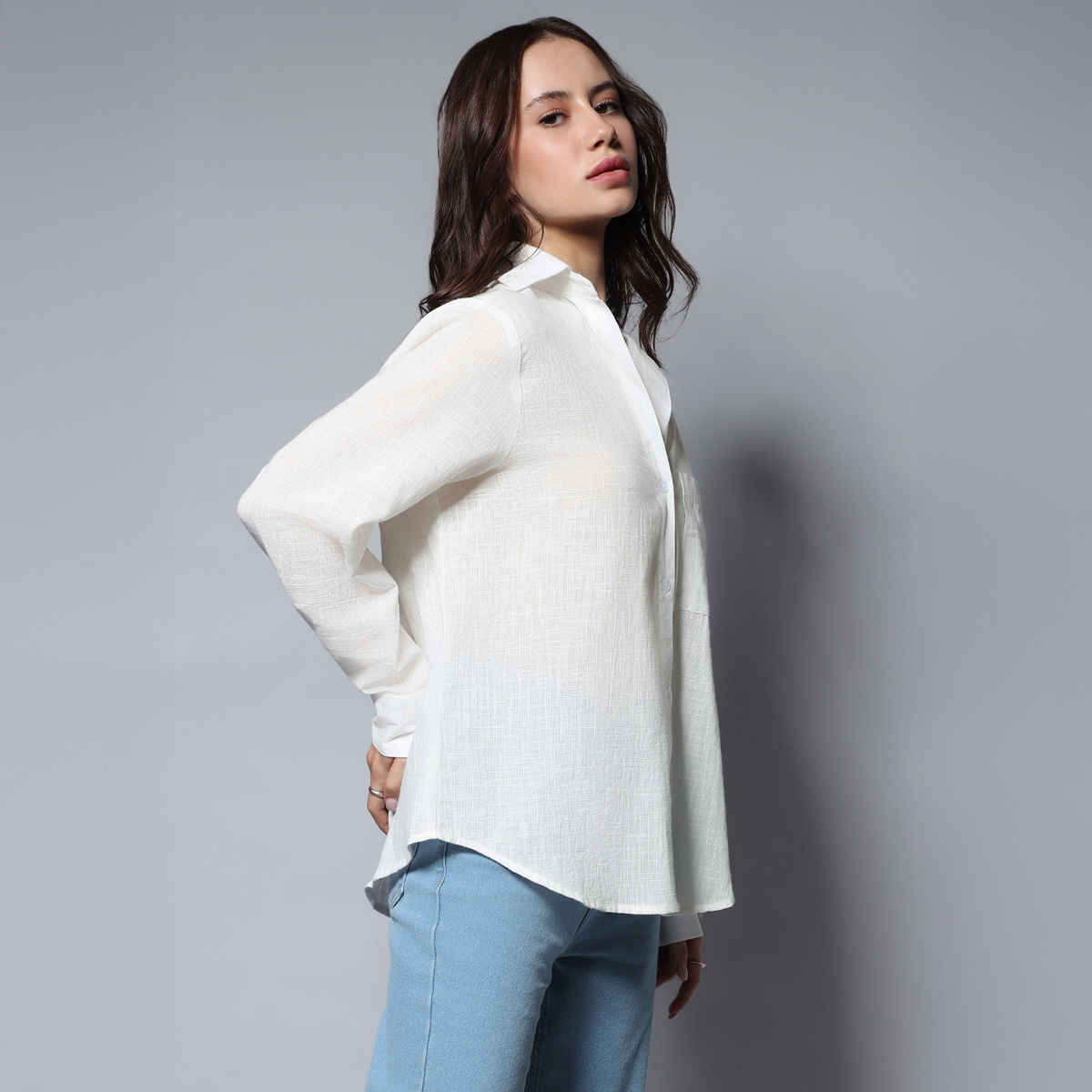 High Star Women's Solid Long Sleeves Oversized Casual Shirt | White - M