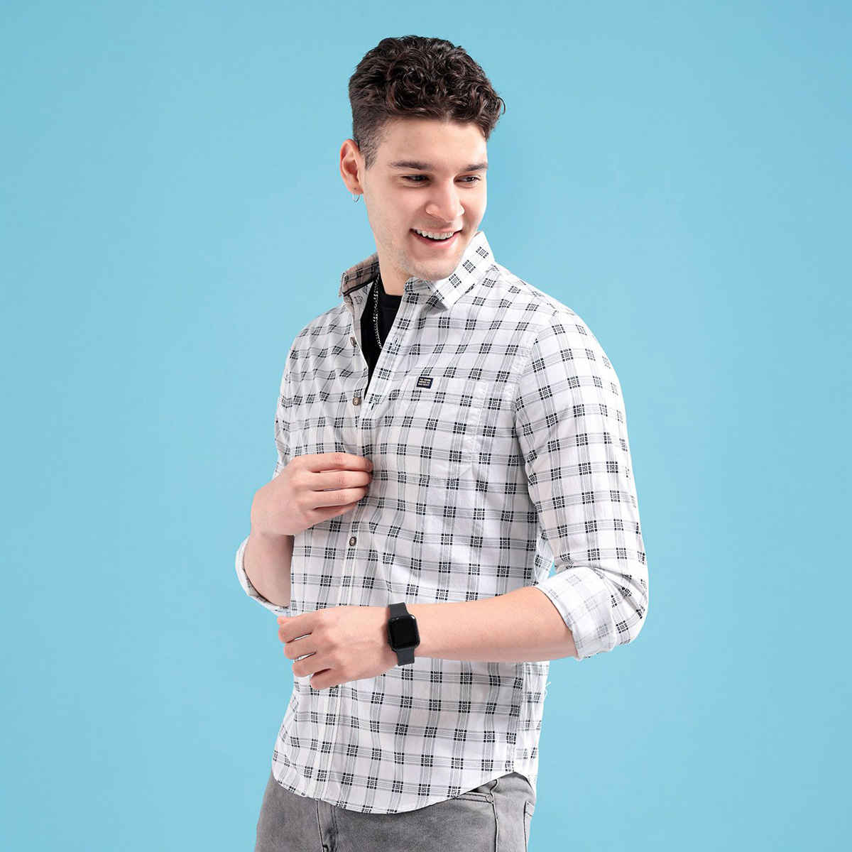 The Indian Garage Co Men's Slim Fit Checkered Casual Shirt | White - 2XL