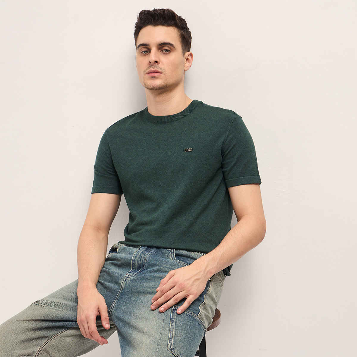 THE BEAR HOUSE Men's Cotton Solid Crew Neck T-Shirt | TSH-TIMNEH-GR | Green - S