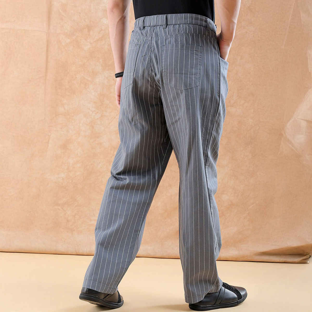 The Indian Garage Co Men Casual Loose Fit Grey Striped Trousers - 34 | 1223-Tllsetr-01