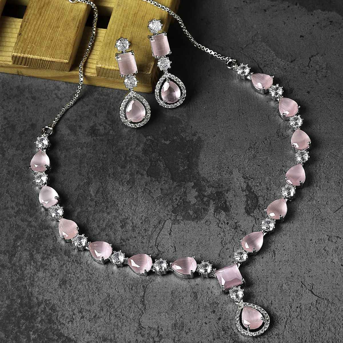 Zeneme Rhodium Plated AD-Studded Jewellery Set For Women & Girls