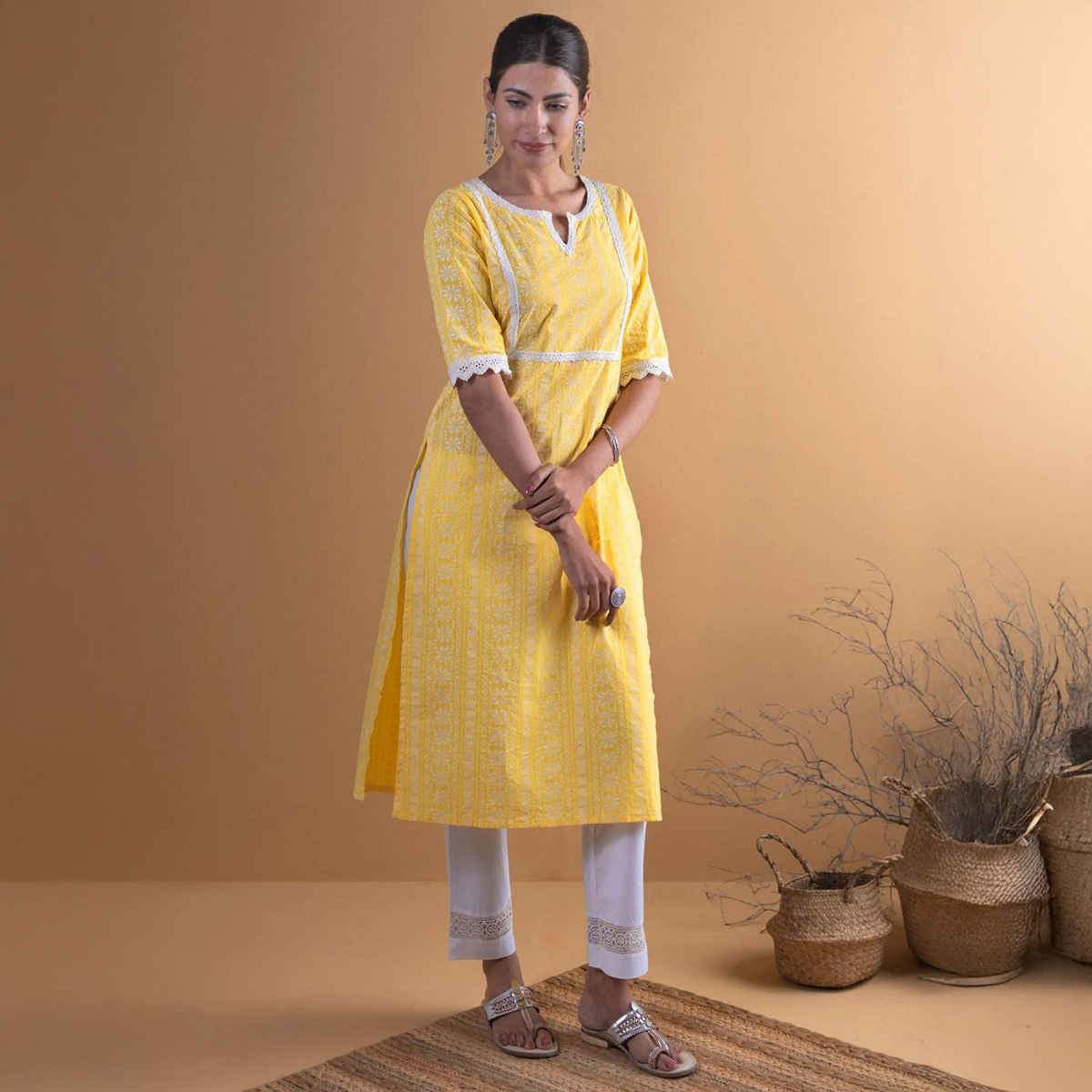 Libas Women Yellow Cotton Block Straight Kurta - 8479MjXL