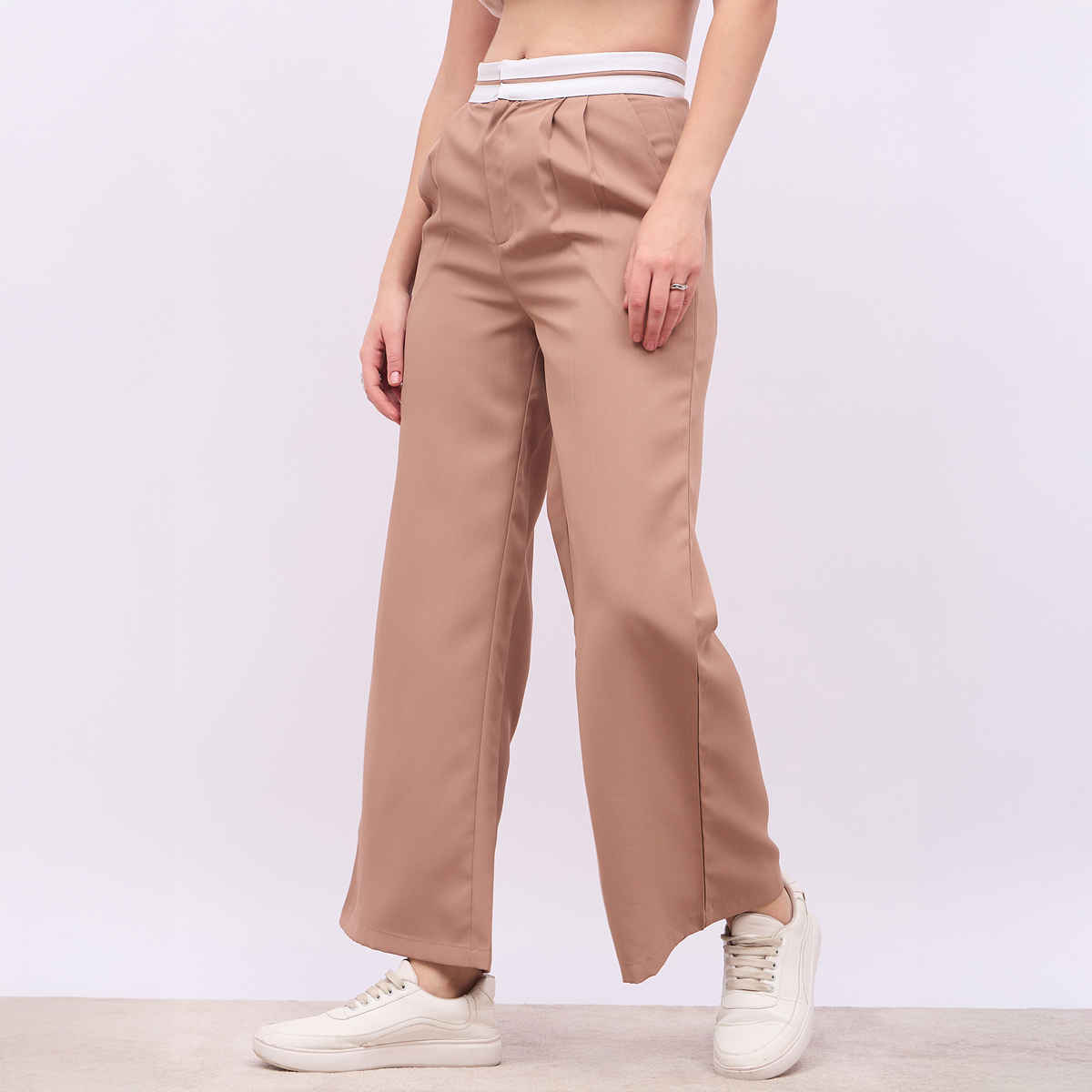 Styli Women's Solid Wide Leg Pant with Cut & Sew Constructive Waistband | Beige - S