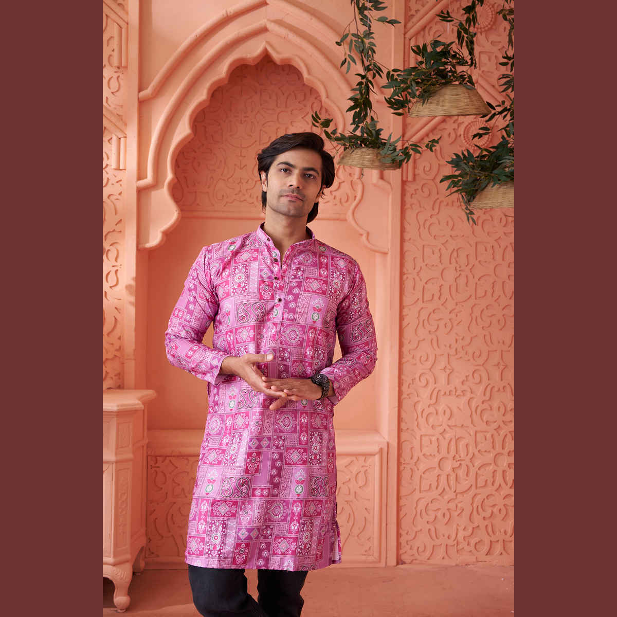 House Of Festivals Men's Printed Cotton Blend Long Kurta | Purple - XL