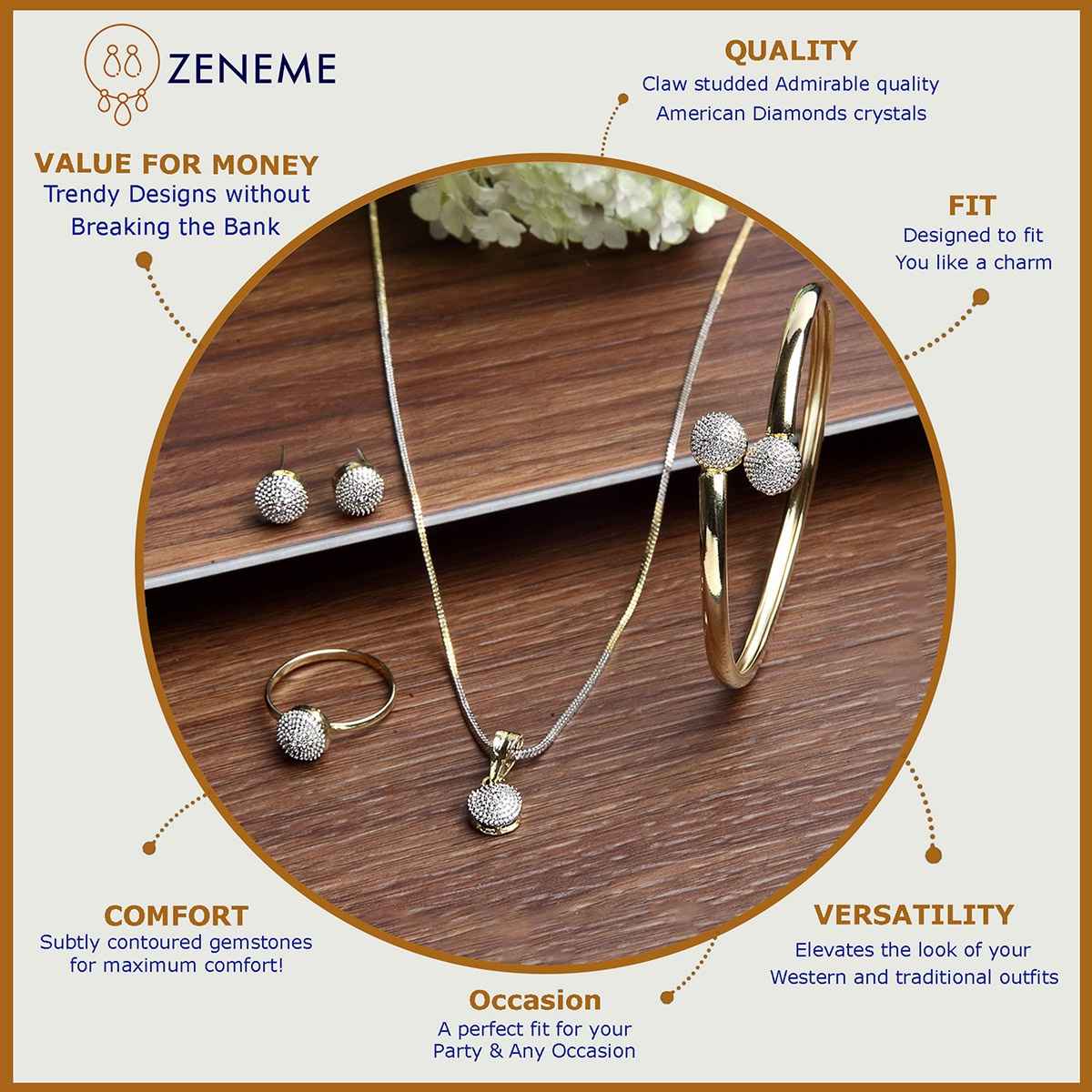 Zeneme Gold Plated AD Stylish Pendant Set | Ring, Bracelet Earring Jewellery for Women & Girls