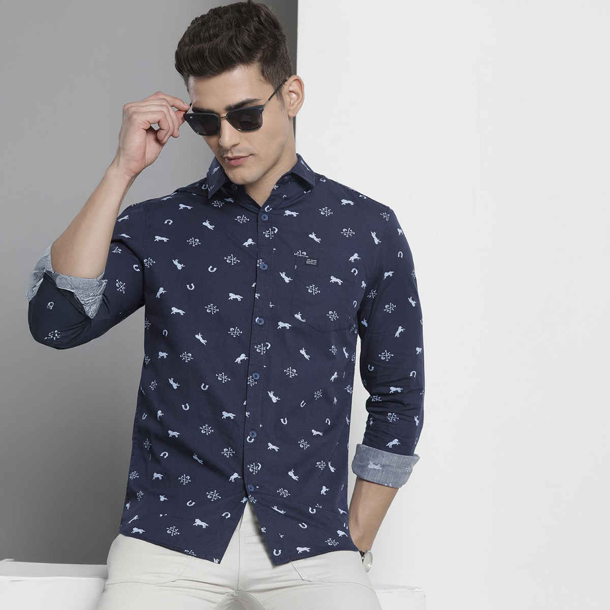 The Indian Garage Co Men's Regular Fit Animal Print Casual Shirt | Navy Blue - 2XL